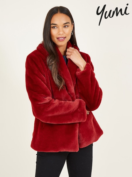 Yumi Red Short Wrap Faux Fur Coat (Q70729) | €84