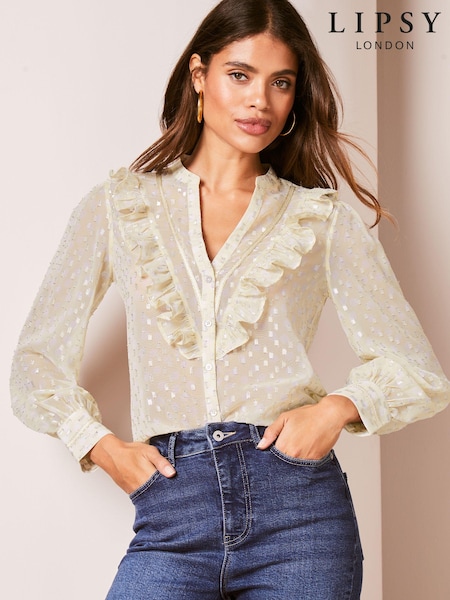 Lipsy Cream Ruffle Button Through V Neck Blouse (Q70783) | €15
