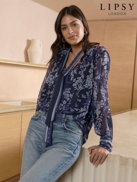 Lipsy Navy Pussybow Neck Long Sleeve Blouse (Q70790) | €17