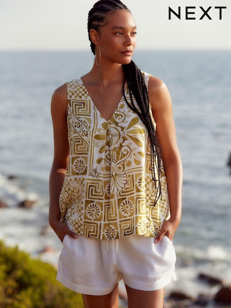 Grün/Ecru Fliese - Linen Blend V-Neck Summer Top (Q70802) | 7 €