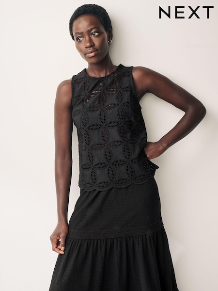 Black 100% Cotton Sleeveless Broderie Top (Q70819) | €15