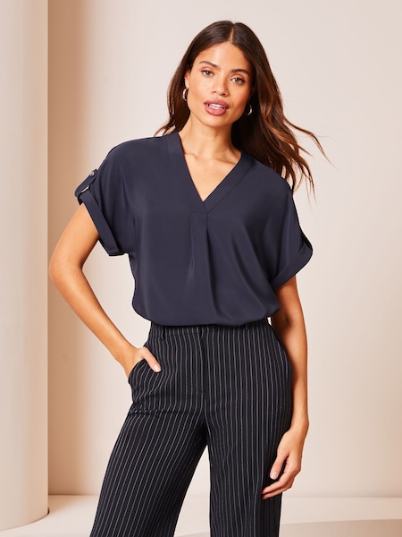 Navy Blue - Lipsy Utility V Neck Short Roll Sleeve Top (Q70884) | 141 LEI