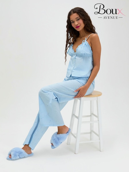 Blue - Boux Avenue Broderie Cotton Long Pyjamas Set