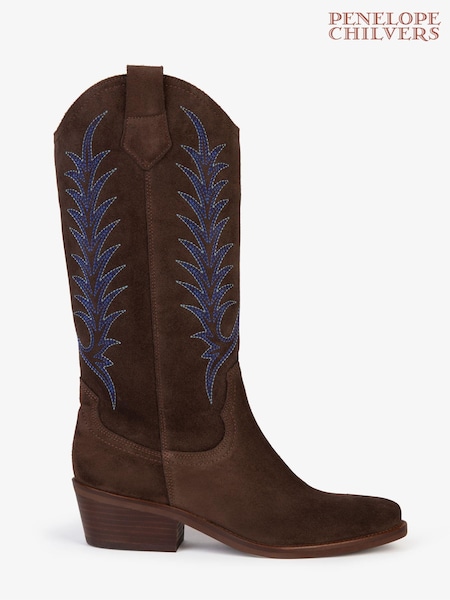 חום כהה - Penelope Chilvers Goldie Embroidered Cowboy Brown Boots (Q70924) | ‏1,655‏₪
