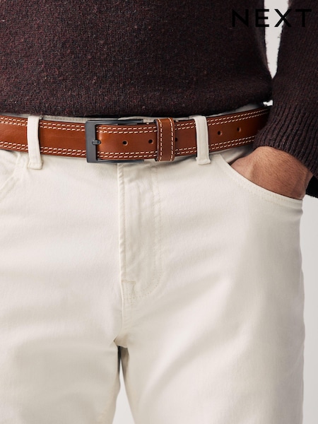 Tan Brown Signature Leather Belt With Contrast Stitch Detailing (Q70934) | €10