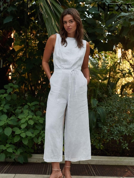 Alb - 100% Linen Tie Waist Open Back Jumpsuit (Q71149) | 246 LEI