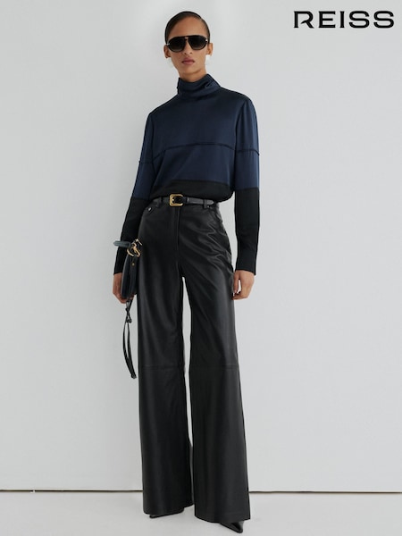 Μπλε/Μαύρο - Atelier Silk Colour-block High-neck Blouse
