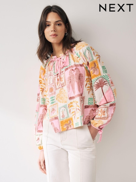 Ecru Postcard Print Tie Detail Blouse (Q71571) | €12