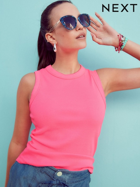 Fluro Pink Ribbed Racer Tank Vest Sleeveless Top (Q71603) | €11