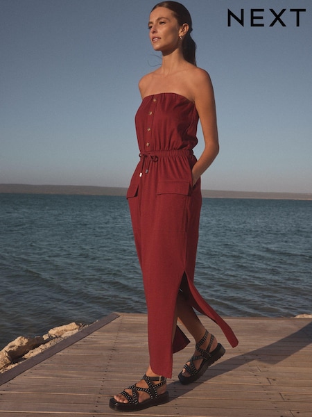 Wine Red 100% Cotton Bandeau Jersey Utility Dress (Q71611) | €21