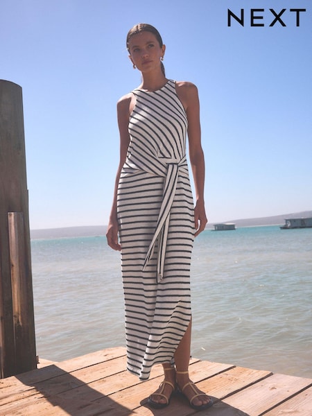 White/Black Stripe Tieside Sleeveless Jersey Maxi Dress (Q71628) | €27