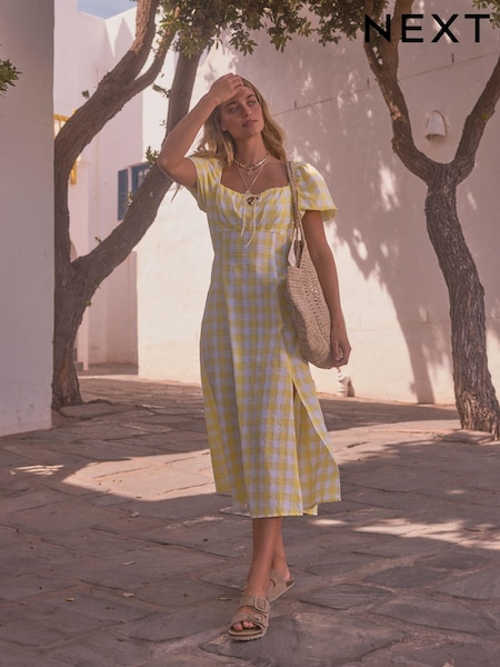 Yellow/White Gingham Puff Sleeve 100% Cotton Midi Dress (Q71657) | €22