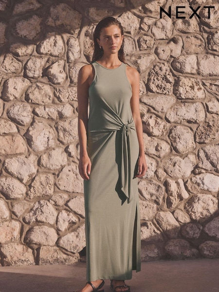 Khaki Green Tieside Sleeveless Jersey Maxi Dress (Q71664) | €27