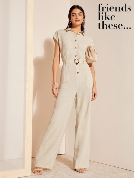 Friends Like These Cream Tall Short Sleeve Button Through Tailored Jumpsuit with Linen (Q71681) | €22.50