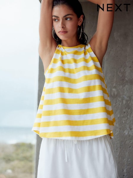 Gelb - Relaxed Fit 100% Cotton Sleeveless Scoop Neck Slub Vest Top (Q71692) | 6 €