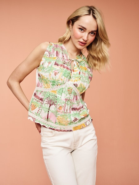 Pink Postcard Print Broderie Sleeveless Tie Top (Q71707) | €4