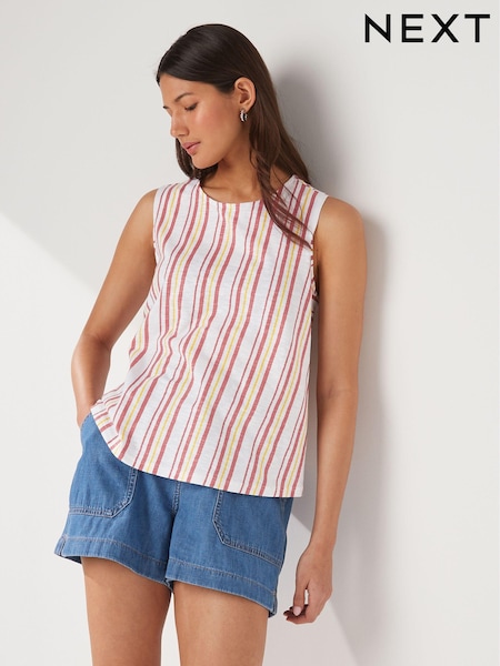 Rosa/Gelb gestreift - Relaxed Fit 100% Cotton Sleeveless Scoop Neck Slub Vest Top (Q71716) | 6 €