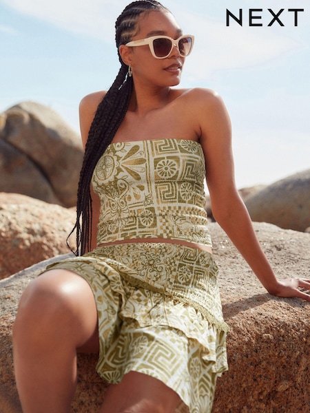 Green Tile Print Shirred Bandeau Top (Q71717) | €3