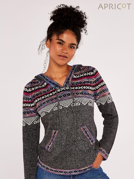 Apricot Grey Fairisle Pattern Pop Hooded 2 Pocket Jumper (Q71817) | €50