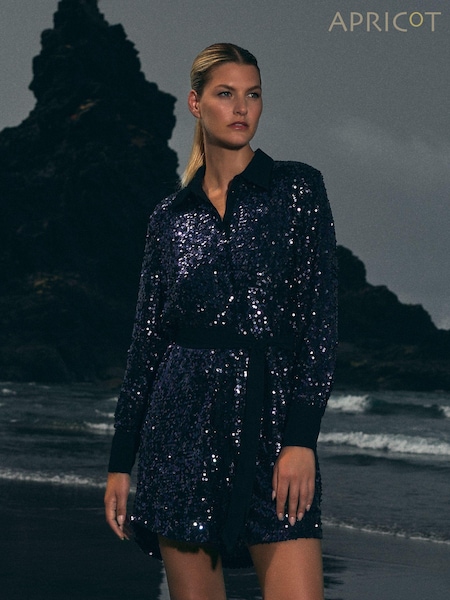 Apricot Blue Sequin Contrast Shirt Dress (Q71852) | €17.50