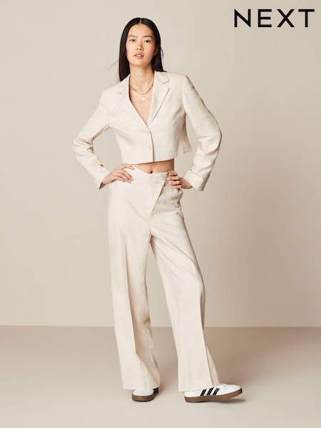 Neutral Asymmetric Waistband Tailored Wide Leg Linen Blend Trousers (Q72087) | €13