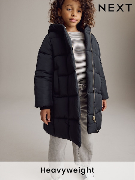 Black Regular Length Shower Resistant Fur Lined Hooded Padded Coat (3-16yrs) (Q72129) | AED35 - AED45