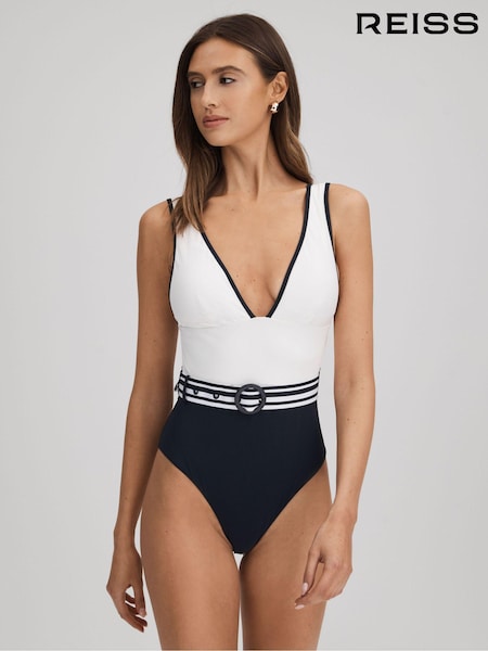 Reiss White/Navy Willow Colourblock Belted Swimsuit (Q72197) | €70