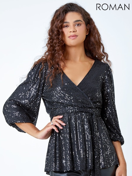Roman Black Embellished Sequin Stretch Wrap Top (Q72318) | €34