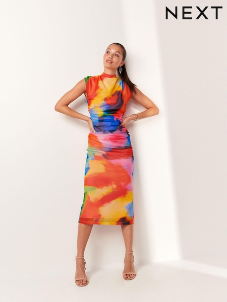 Culori vii multicolore - High Neck Mesh Midi Dress (Q72420) | 159 LEI
