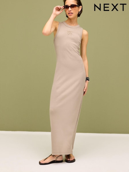 Taupe Neutral Sleeveless Racer Neck Ribbed Maxi Dress (Q72422) | €10