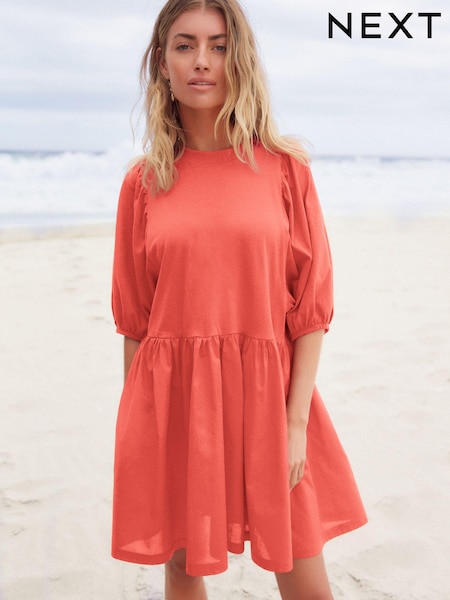 Korallenpink - 100% Cotton Puff Sleeve Mini Jersey Dress (Q72424) | 6 €