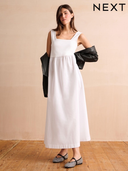 White 100% Cotton Square Neck Maxi Summer Jersey Dress (Q72438) | €8