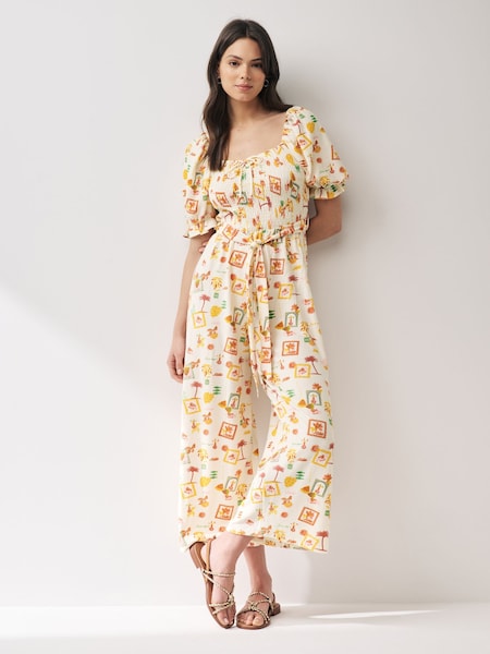 Ecru Postcard Print Short Sleeve Tie Front Jumpsuit (Q72468) | €14