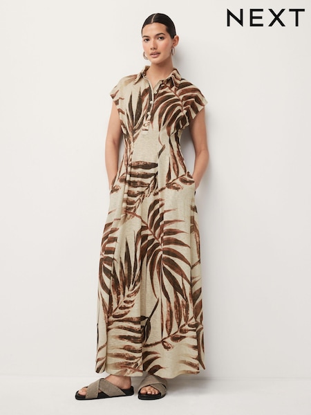 Ecru and Brown Palm Print Short Sleeve Maxi Shirt Dress (Q72498) | €25