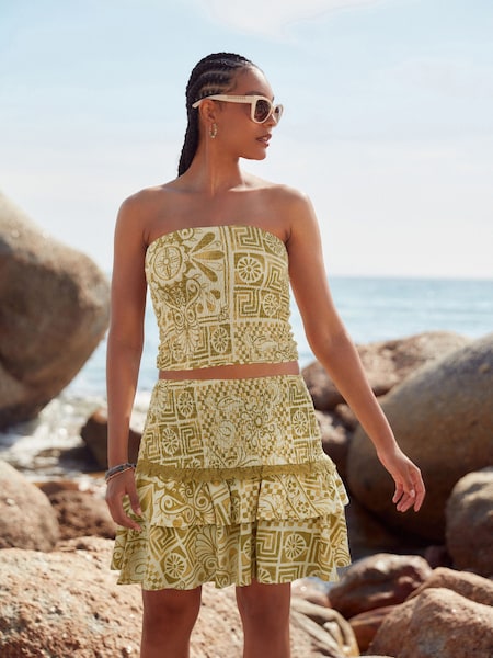 Green Tile Print Shirred Layered Mini Skirt (Q72514) | €6