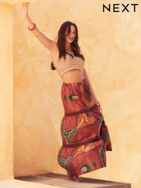 Red Tropical Print Textured Maxi Skirt With Crochet Trim (Q72520) | €16