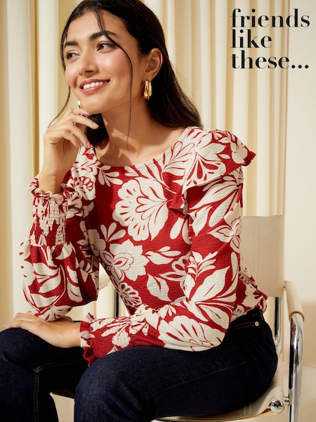Friends Like These Red White Floral Long Sleeve Ruffle Detail Textured Jersey Blouse (Q72615) | €16.50