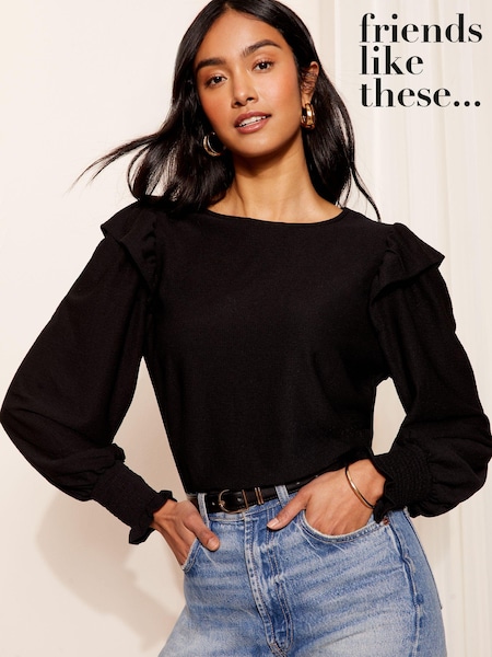 أسود - Friends Like These Long Sleeve Ruffle Detail Textured Jersey Blouse (Q72622) | ‏78 د.إ.‏