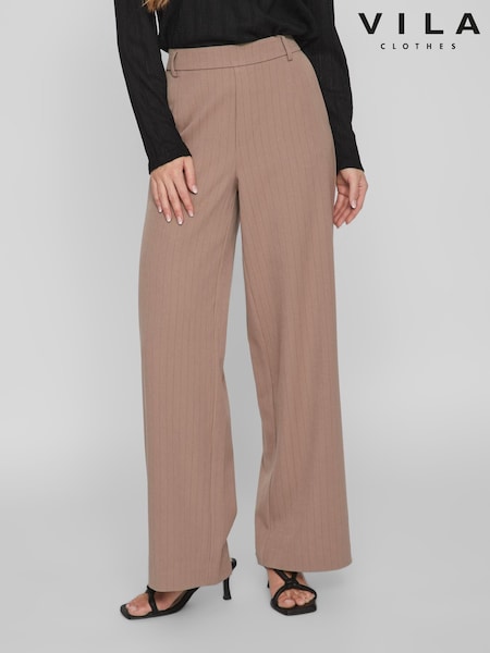 VILA Tan Brown High Waisted Pinstripe Wide Leg Smart Trousers (Q72629) | €26