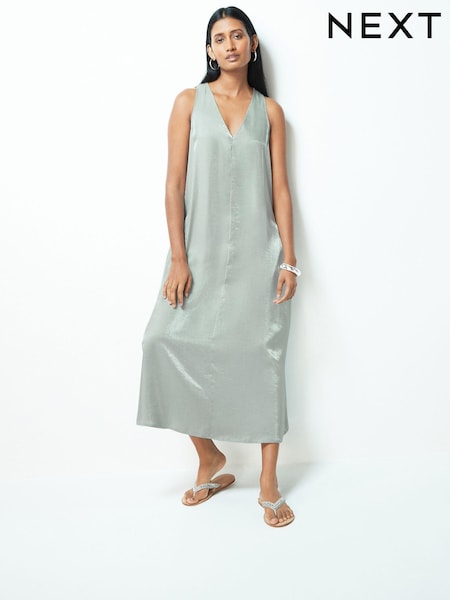Silver Sleeveless Column V-Neck Midi Dress (Q72638) | €33