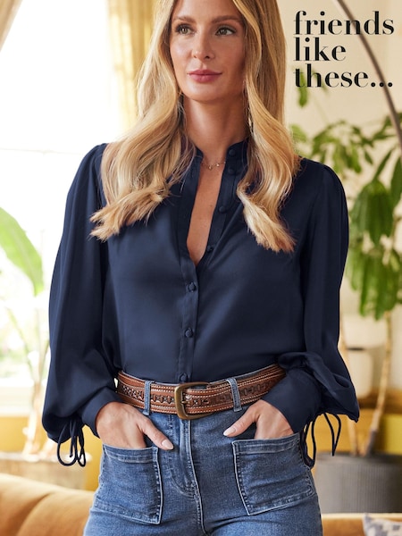 Friends Like These Navy Blue Petite Tie Cuff Puff Sleeve Button Through Blouse (Q72648) | €21.50