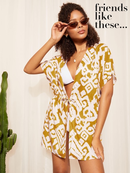 Gelb - Friends Like These Tie Waist Woven Short Sleeve Kimono Shirt (Q72679) | 17 €