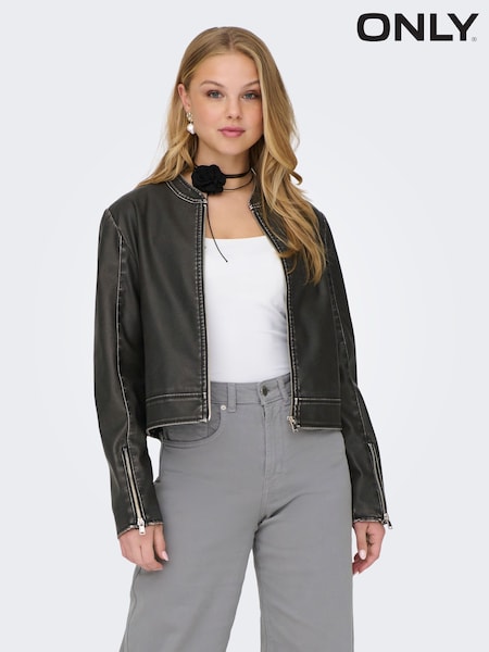 ONLY Black Distressed Faux Fur Leather Bomber Jacket (Q72687) | €16