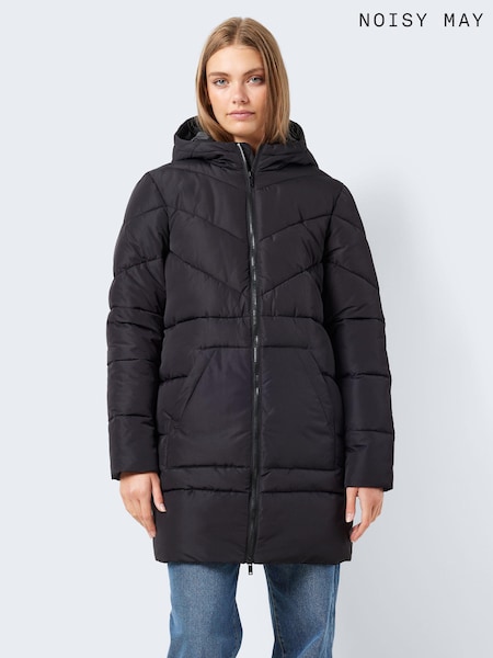 NOISY MAY Black Longline Padded Quilted Hooded Coat (Q72692) | €32