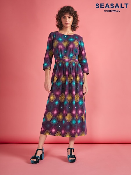 Seasalt Cornwall Purple Forestry Printed Midi Dress (Q72757) | €33