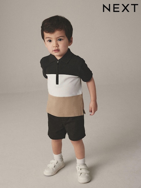 črna/bela - Quarter Zip Polo 100% Cotton Shirt and Shorts Set (3mths-7yrs) (Q72926) | € 12 - € 16