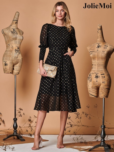 Negru metalizat - Rochie midi din șifon cu manșete încrețite Jolie Moi (Q72970) | 268 LEI