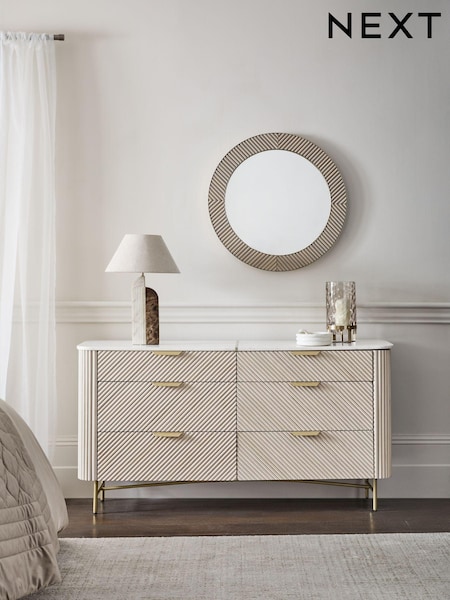 Light Grey Valencia Marble and Mango Wood 6 Drawer Wide Chest of Drawers (Q72987) | €1,475