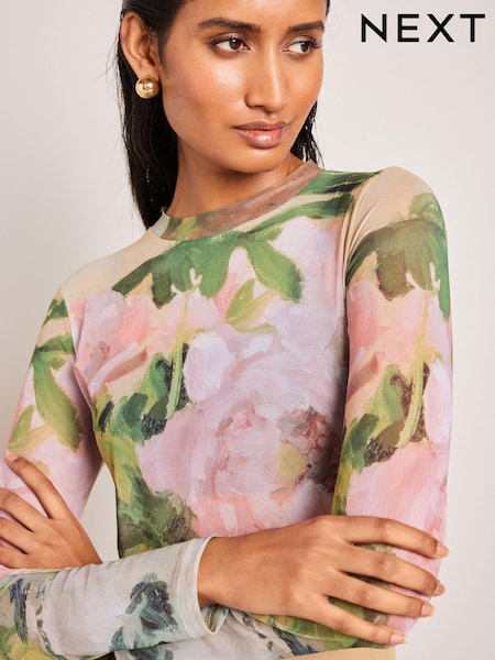 Camille Pissaro Floral License Long Sleeve Mesh Top (Q73037) | €19