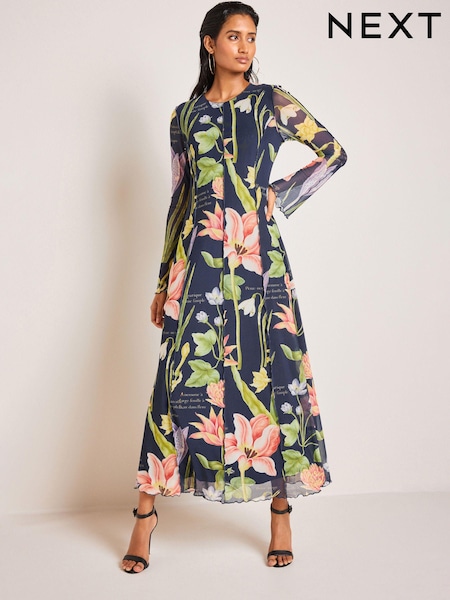 Темно-синий с цветочным принтом - The Fitzwilliam Museum Nicolas Robert Mesh Maxi Dress (Q73038) | €22